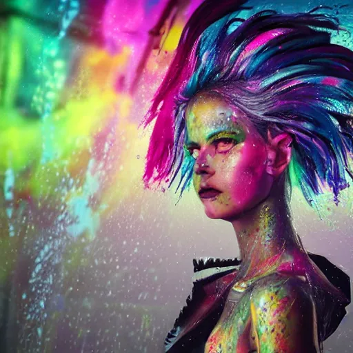 Image similar to splashes of neon galaxies, mowhawk, punk women portrait made out of paint with rain in the background, trending on artstation, epic composition, emotional, beautiful, rendered in octane, highly detailed, realistic, tim burton comic book art, sharp focus, matte painting, unreal engine