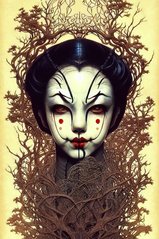 Image similar to 🤡, dynamic lighting, depth details, intricate, symmetrical lines, smooth, extremely highly detailed, by bambang nurdianshyah, garis edelweiss, roby dwi antono and ayami kojima, takato yamamoto, barclay shaw, karol bak, yukito kishiro, norman rockwell