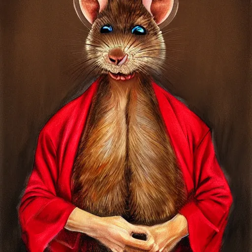 Prompt: a portrait of a human-rat mutant hybrid mutant with brown fur wearing a red kimono, painting, realistic, digital art