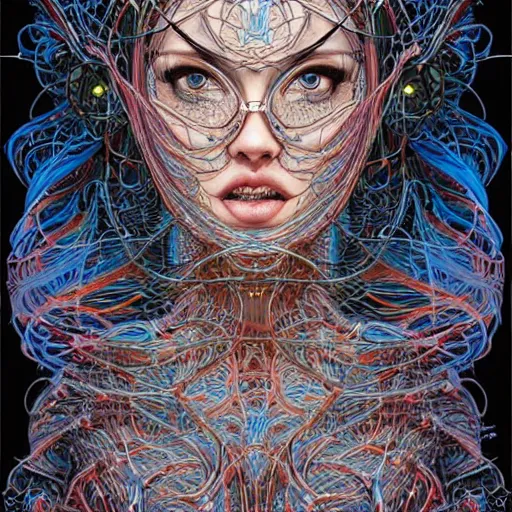 Image similar to woman_integrating_with_technology_full_face_insipiring_detailed_intricate_ornate_cables_connected_to_head_big_open_electric_eyes by android jones