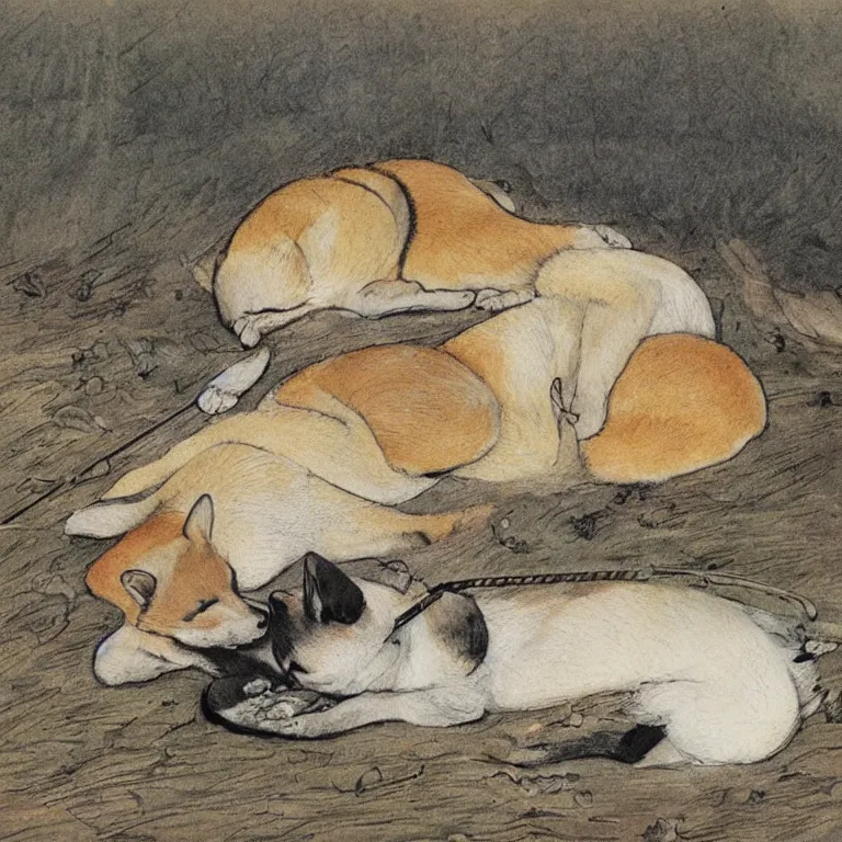Image similar to shiba inu sleeping on the battlefield in the vicious and chaotic aftermath of battle, by beatrix potter