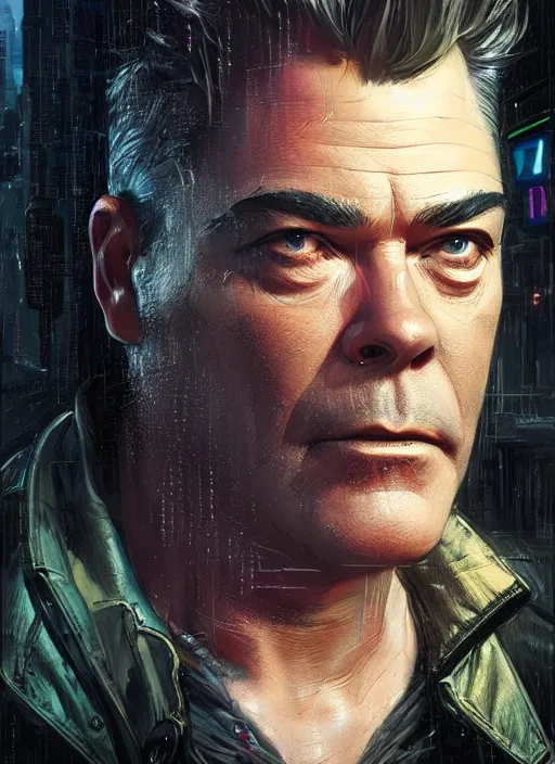 Prompt: portrait of ray liotta as a homeless character in cyberpunk 2 0 7 7, looking at camera, intricate, dystopian, sci - fi, extremely detailed, digital painting, artstation, concept art, smooth, sharp focus, illustration, intimidating lighting, incredible art by artgerm and greg rutkowski and alphonse mucha and simon stalenhag