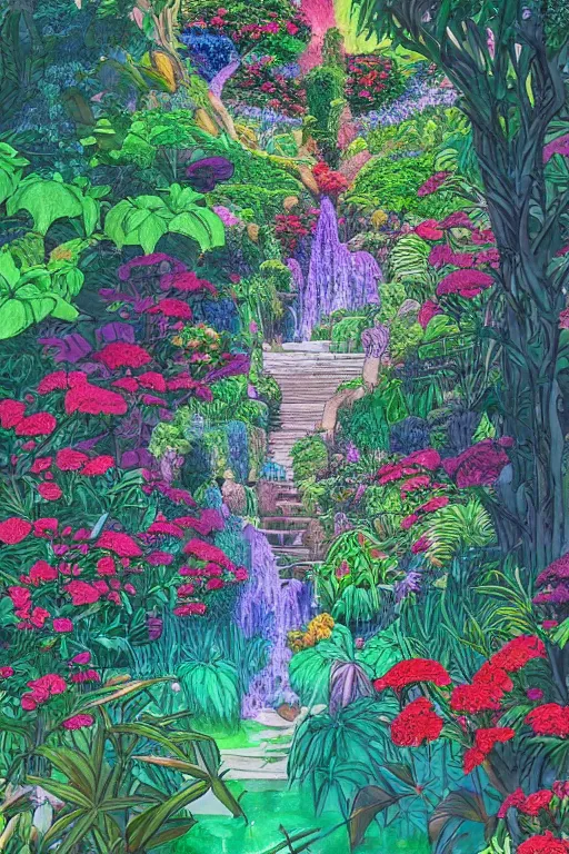 Prompt: concept art painting of a cascading garden, lush, vibrant, plants, leaves, flower, flowers, exotic garden, artgerm, moebius, inio asano, toon shading, cel shading, calm, tranquil, vaporwave colors,