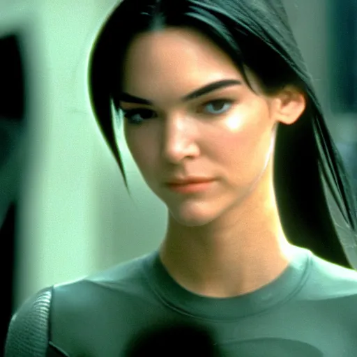 Image similar to a film still of Kendal Jenner starring in The Matrix (1999), close up, shallow depth of field