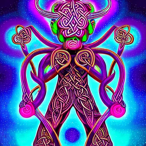 Image similar to a detailed digital art of a celtic knot oni abe vigoda extraterrestrial wearing a raver outfit by lisa frank and cicely mary barker, taiyo matsumoto, myst, beeple, cgsociety, crisp, low angle shot