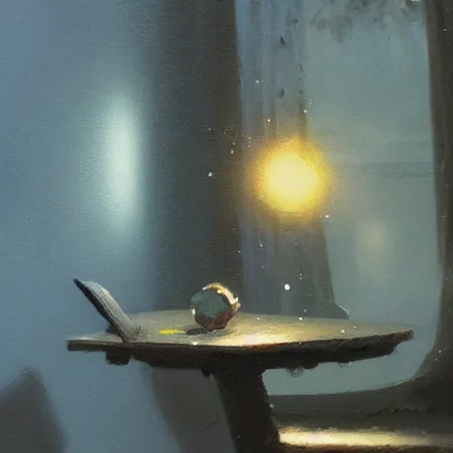 Image similar to magical crystal on a desk, painting, by greg rutkowski