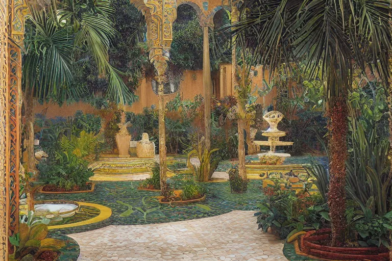 Image similar to painting of a beautiful moorish palace courtyard garden, by donato giancola and maxfield parrish and evelyn de morgan, patterned tilework, palm trees, tiled fountains, extremely detailed, cinematic lighting, smooth sharp focus