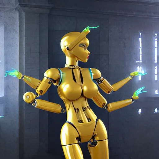 Image similar to octane render, a complex high poly cinematic 3 d model of a giant robotic android woman made out of porcelain with golden grout, jewel tone glowing eyes, fiber optic hair, inside a black rococo palace, 8 k, unreal enging, cinema 4 d, cinematic angle