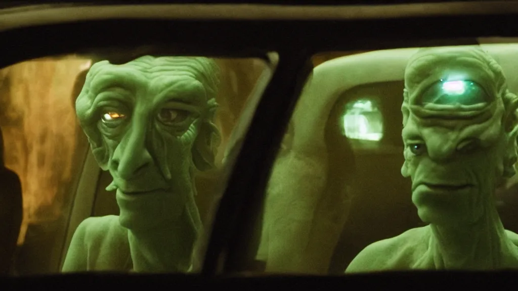 Image similar to the creature sits in a car, made of glowing wax, they stare at me, film still from the movie directed by denis villeneuve and david cronenberg with art direction by salvador dali, wide lens