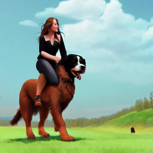 Image similar to girl riding giant Bernese Mountain Dog in the park, trending on artstation