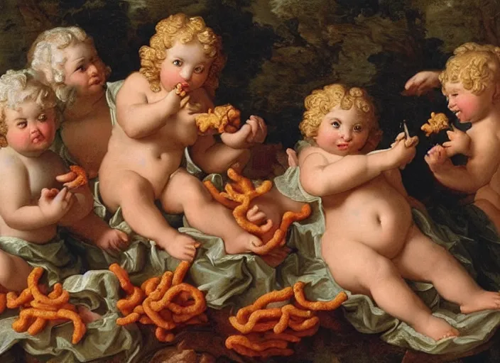 Prompt: cherubs eating cheeto's, extremely detailed, a baroque painting, rococo style