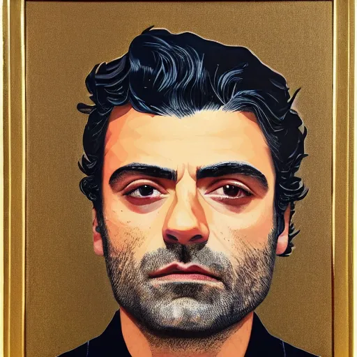 Prompt: oscar isaac portrait by stephanie rew, gold leaf on panel, decorative art, 8 k