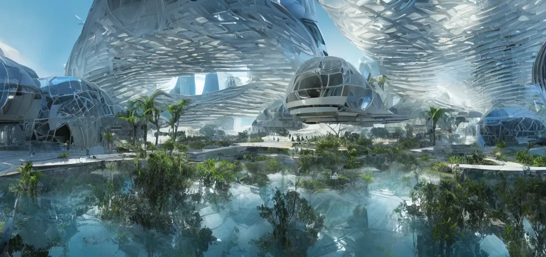 Prompt: highly detailed futuristic architecture by Renzo Piano, in the style of pixar animation, reflective lighting, stylized vegetation, ground-level view, puddles of turquoise water, foggy atmosphere, stunning sunny lighting, sunrise, vivid colors, trending on Artstation, 8k, matte painting, ray tracing, hyper detailed, unreal engine 5, cinematic, epic lighting, cryengine, octane render, cyberpunk, red and orange glow, vibrant