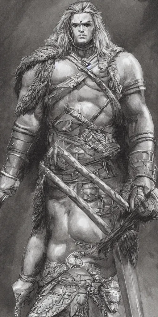 Image similar to a large young barbarian male warrior, d & d, fantasy, portrait, in travis charest style