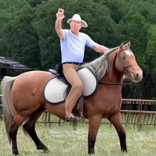 Prompt: Vladimir Putin riding a horse with his shirt off. He should look like he's in his early 60s, with gray hair, and have a bit of a tan. He should be smiling and look like he's having a good time.