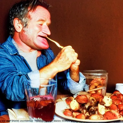 Prompt: Robin Williams eating 🍄🍄