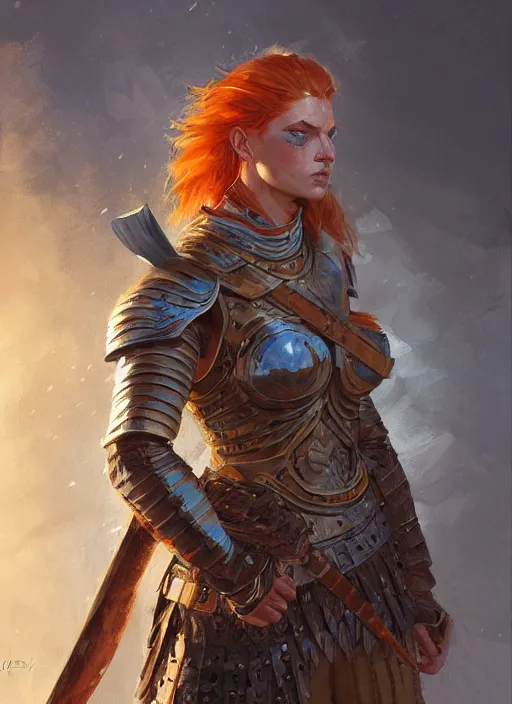 Prompt: highly detailed painting of a warrior woman commander, armored, icelandic redhead, tan skin, blue - eyes, high fantasy, dungeons and dragons art by jon foster trending on artstation painted by greg rutkowski, painted by stanley artgerm