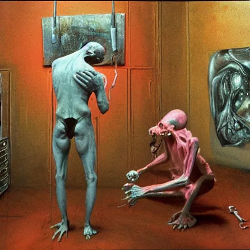 Image similar to realistic detailed image of a ribcage and a crying man holding a hammer in style of Francis Bacon and Willem de kooning, interior room, messy living room. Still from 1982 movie The Thing. Beksiński Masterpiece