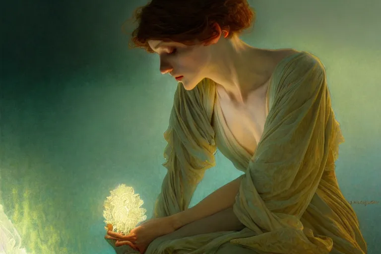 Prompt: pale teal becoming light itself, fantasy, intricate, elegant, dramatic lighting, emotionally evoking symbolic metaphor, highly detailed, lifelike, photorealistic, digital painting, artstation, concept art, smooth, sharp focus, illustration, art by John Collier and Albert Aublet and Krenz Cushart and Artem Demura and Alphonse Mucha