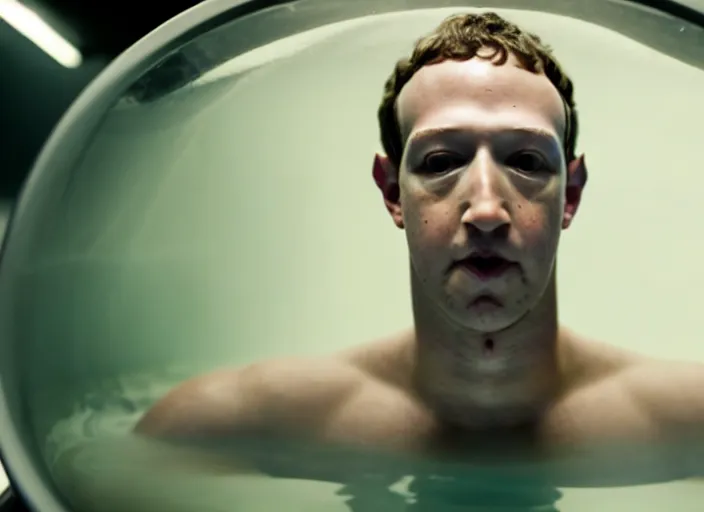 Image similar to film still of mark zuckerberg floating in a tank of milky fluid as a precog in minority report movie, 8 k