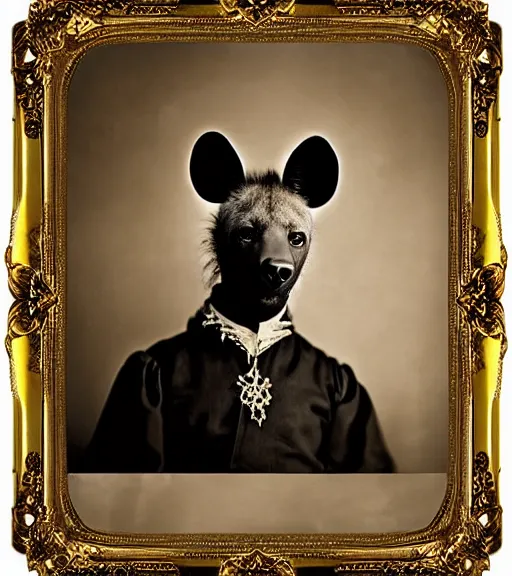 Image similar to professional studio photo portrait of anthro anthropomorphic spotted hyena head animal person fursona smug smiling wearing elaborate pompous royal king robes clothes gold frame by Louis Daguerre daguerreotype tintype