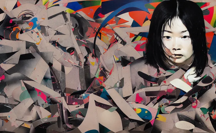 Image similar to decollage painting young japanese actress struggling in a ruined city by adrian ghenie and takato yamamoto and edward hopper and mark ryden and tsutomu nihei, part by bridget riley, acrylic pour and splashing paint, very coherent, baroque elements, perfect anatomy, intricate design. pop art.