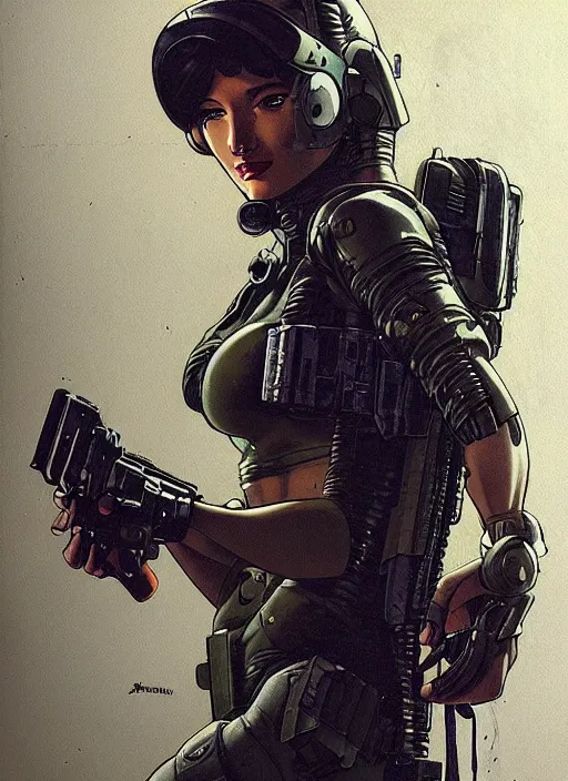 Image similar to cyberpunk mercenary in tactical gear and jumpsuit. portrait by stonehouse and mœbius and will eisner and gil elvgren and pixar. realistic proportions. dystopian. cyberpunk 2 0 7 7, apex, blade runner 2 0 4 9 concept art. cel shading. attractive face. thick lines.