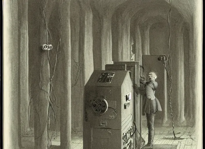 Prompt: strange machine that makes copies of small weird beings by caspar david friedrich