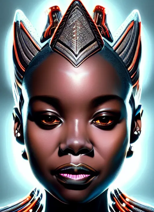 Image similar to portrait of female wakanda humanoid, very intricate, elegant, cyber neon lights, highly detailed, digital illustration, trending in artstation, trending in pinterest, glamor pose, concept art, smooth, sharp focus, art by artgerm and greg rutkowski