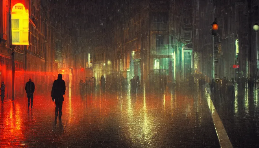 Image similar to guy walking under rain in brussels by night, neon lights, hyperdetailed, artstation, cgsociety, 8 k