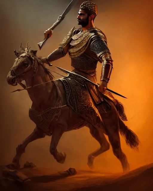 Image similar to portrait of a Persian Prince fighting at war, warrior, brutal battle, handsome prince, shaved face, without beard, attractive young man, shaved face, heroic pose, dramatic lighting, dark and horror, action and tragedy, dust and blood, intricate, wild, highly detailed, digital painting, artstation, concept art, smooth, sharp focus, illustration, art by artgerm and greg rutkowski and alphonse mucha, footage from space camera