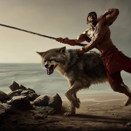 Image similar to an spartan man fighting with an wolf on a beach, Matte painting , detailed painting, made by Greg Rutkowski, 4k, atmospheric