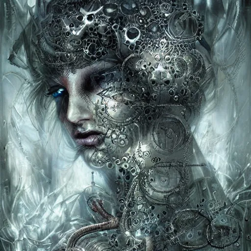 Image similar to blinded cybernetic demon dreaming, lsd, circuitry, intricate detail, royo,