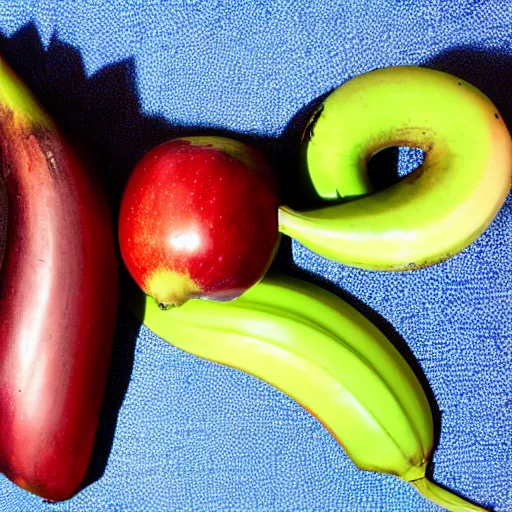 Image similar to a red banana and a blue apple