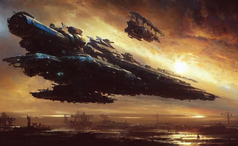 Prompt: a dieselpunk spaceship emerges over the horizon of an industrialized alien planet, artwork by darek zabrocki, john howe, john berkey, dramatic lighting, brushstrokes, artwork on canvas.