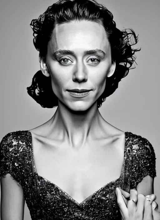 Image similar to portrait of beautiful female tom hiddleston by mario testino, headshot, detailed, award winning, sony a 7 r