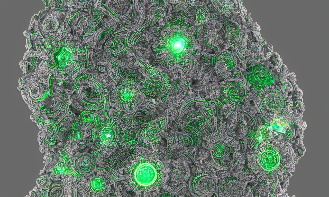 Image similar to mandrelbot 3 d volume fractal mandala ceramic chakra digital color stylized an ancient white bone and emerald gemstone relic, intricate engraving concept 3 d point lighting substance patern natural color scheme, global illumination ray tracing hdr fanart arstation by sung choi and eric pfeiffer and gabriel garza and casper konefal