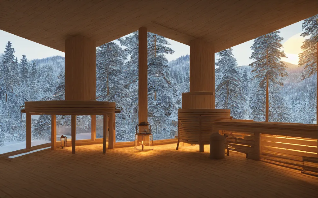 Prompt: finnish sauna architectural visualization, winter scene, cozy, corona render, rendered in vray, evening light, lakeside, dof, mountainous landscape, pine forest, evermotion, ronen bekerman, contest winner, archviz, peter guthrie, box visuals