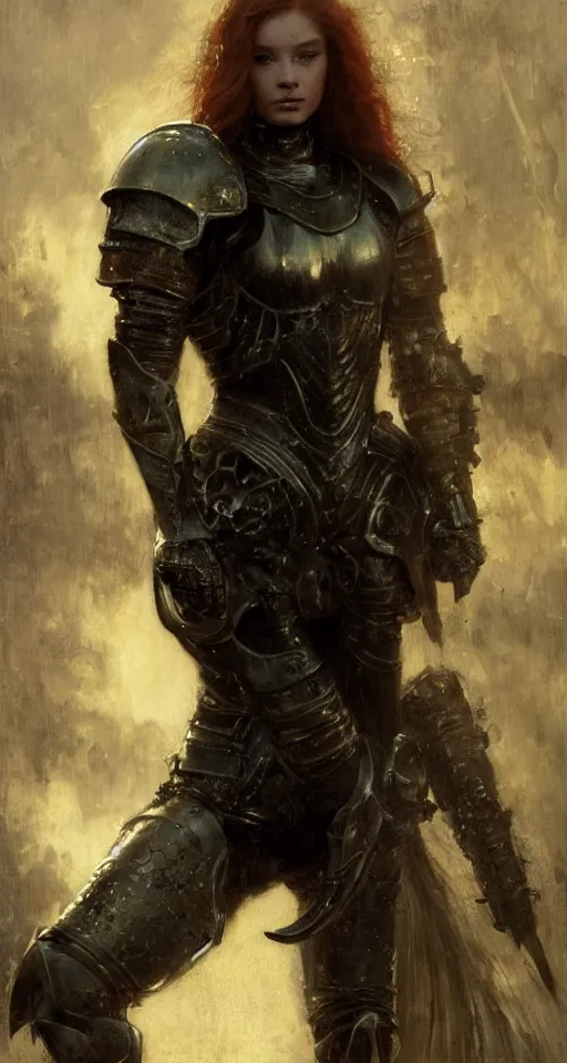 Image similar to short muscular redhead young woman wearing black medieval armour, bare legs, detailed, by gaston bussiere, bayard wu, greg rutkowski, giger, maxim verehin, greg rutkowski, masterpiece, sharp focus, cinematic lightning