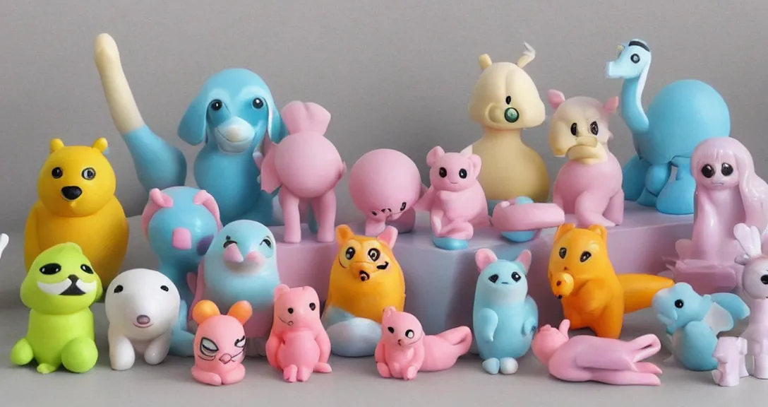 Image similar to some cute plastic toys that look like animal characters, pastel colors