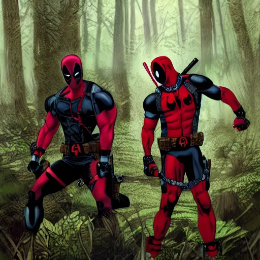 Image similar to deadpool and venom in the woods playing digital art 4 k detailed