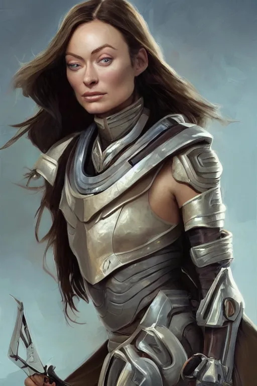 Image similar to a professional painting of a young Olivia Wilde, clothes in military armor, olive skin, long dark hair, beautiful bone structure, symmetrical facial features, intricate, elegant, digital painting, concept art, smooth, sharp focus, illustration, from StarCraft by Ruan Jia and Mandy Jurgens and Artgerm and William-Adolphe Bouguerea