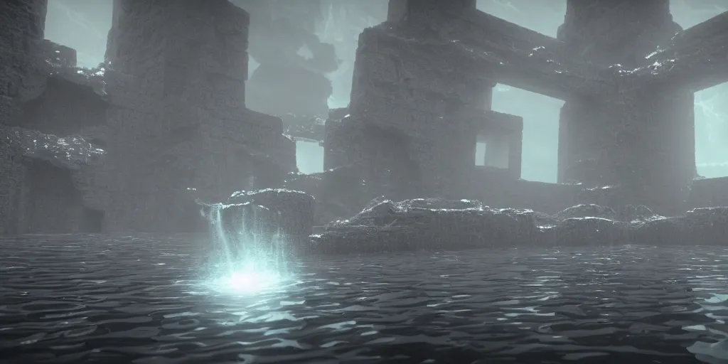 Image similar to floating water temple inside a void, unreal engine, high contrast, kelly freas