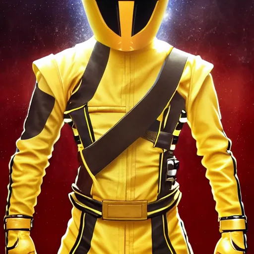 Image similar to symmetry!! yellow ranger, samurai, artstation, art by murata, art by oda echiiro, art by tatsuki fujimoto, lightning helmet, 3 d, jumpsuit, gloves, futuristic poster, man, tall