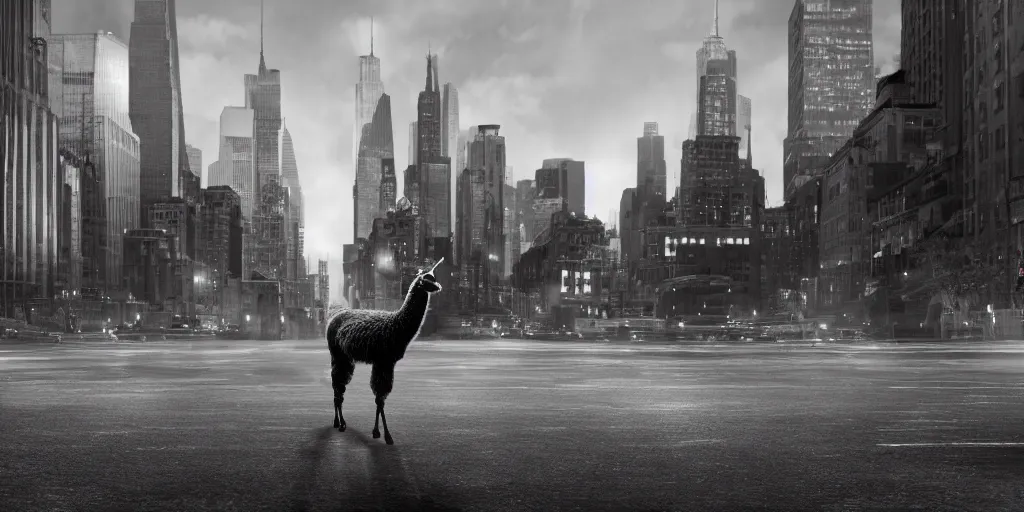 Image similar to a llama walking through a desolate manhattan city street at night, statue of liberty seen in the background, realistic 4 k octane beautifully detailed render, 4 k post - processing, highly detailed, detailed face, intricate complexity, epic composition, magical atmosphere, cinematic lighting, masterpiece, ultra hd