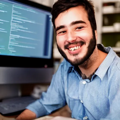 Image similar to a programmer finally fixed a bug in his code after trying for a long time, looking relieved and happy