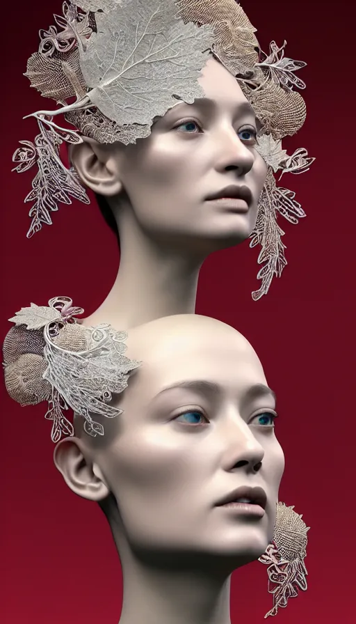 Prompt: complex 3d render ultra detailed of a beautiful porcelain profile woman face, mechanical vegetal cyborg, 150 mm, beautiful studio soft light, spot light, rim light, silver gold red details, luxurious, magnolia big filigran leaves and stems, roots, Alexander Mcqueen haute couture, fine foliage lace, mesh wire, filigran metallic intricate details, hyperrealistic, mandelbrot fractal, anatomical, silver metal armor, facial muscles, cable wires, microchip, elegant, white background, beautiful white teeth, octane render, H.R. Giger style, 8k