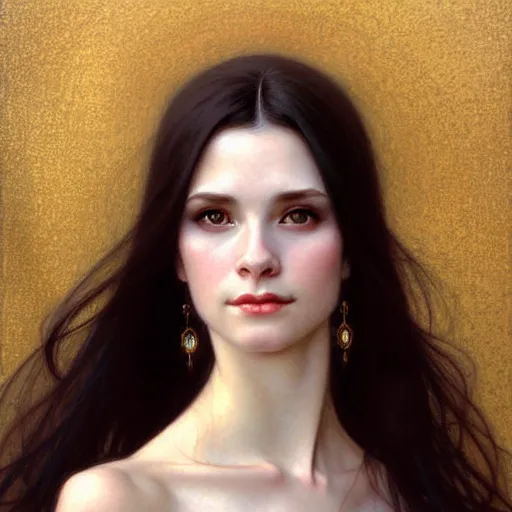 Image similar to Portrait of a beautiful, pale skin, female with long black hair, dark brown eyes, gentle smiling expression, elegant clothing, photorealistic, highly detailed, artstation, smooth, sharp focus, art by Klimt, artgerm, Greg Rutkowski and Alphonse Mucha