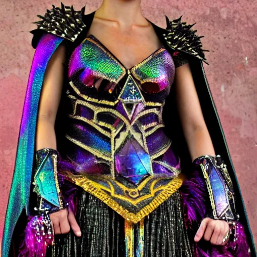 Prompt: dark chainmail armor cloak studded with multicoloured gems and iridescent crystals, wlop rutkowski, chebokha, shinkai