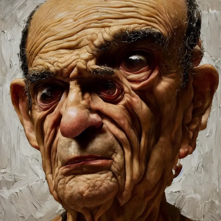 Prompt: warmly lit close up studio portrait of aging old Abe Vigoda age 115 wrinkled sad, impasto oil painting thick brushstrokes by Lucian Freud and Cy Twombly and Tim Hawkinson , trending on artstation dramatic lighting Expressionism